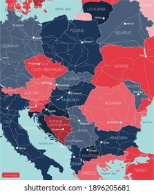 Eastern Europe detailed editable map with regions cities and towns, roads and railways. Vector EPS-10 file