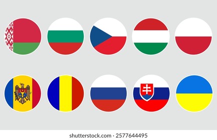 Eastern europe flags set. Round icons. Belarus, Bulgaria, Czech Republic, Hungary, Poland, Moldova Romania Russia Slovakia Ukraine