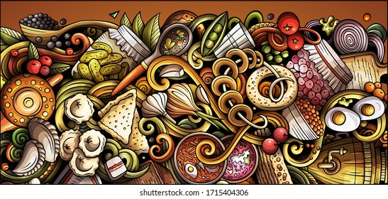 Eastern Europe food hand drawn doodle banner. Cartoon detailed flyer. Slavic cuisine identity with objects and symbols. Color vector design elements background