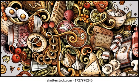 Eastern Europe food hand drawn doodle banner. Cartoon detailed flyer. Slavic cuisine identity with objects and symbols. Color vector design elements background