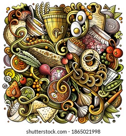 Eastern Europe food hand drawn vector doodles illustration. Slavic cuisine poster design. National elements and objects cartoon background. Bright colors funny picture