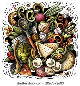 Eastern Europe food hand drawn vector doodles illustration. Slavic cuisine poster design. National elements and objects cartoon background. Bright colors funny picture