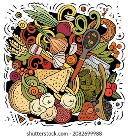 Eastern Europe food hand drawn vector doodles illustration. Slavic cuisine poster design. National elements and objects cartoon background. Bright colors funny picture