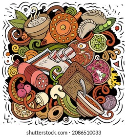 Eastern Europe food hand drawn vector doodles illustration. Slavic cuisine poster design. National elements and objects cartoon background. Bright colors funny picture