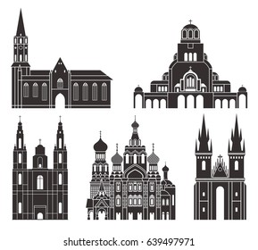 Eastern Europe. Isolated European buildings on white background