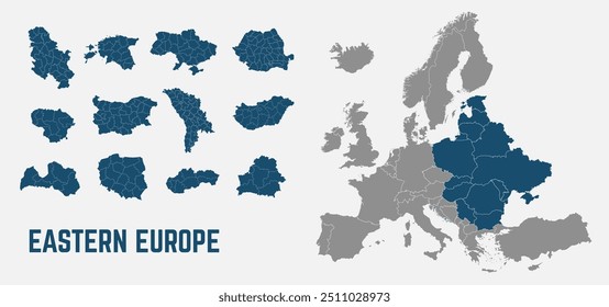 Mapa de Europa del Este. Polonia, Ucrania, Bielorrusia, Rumania, Bulgaria, estados bálticos mapas con regiones. Mapa de Europa aislado sobre fondo blanco. Alto y detallado. Ilustración vectorial	