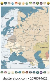 Eastern Europe  Map Retro Color and round flat icons. Detailed vector illustration of map.
