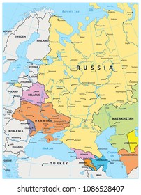 Eastern Europe Political Map. Detailed Vector Illustration Of Map.