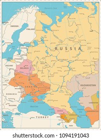 Eastern Europe Political Map Retro Colors. Detailed vector illustration of map.