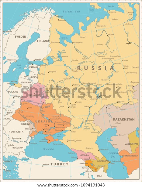 Eastern Europe Political Map Retro Colors Objects Stock Image