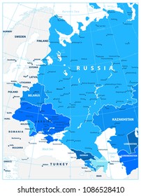 Eastern Europe Political Map in shades of blue. Detailed vector illustration of map.