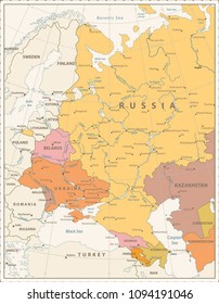 Eastern Europe Political Map Vintage Color. Detailed vector illustration of map.