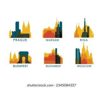 Europa del Este Iconos de ciudades eslavas conjunto, diseño moderno del paisaje urbano conjunto del logo vectorial, paquete. Colección de íconos para monumentos de Bucarest, Budapest, Riga, Varsovia, Praga, Moscú