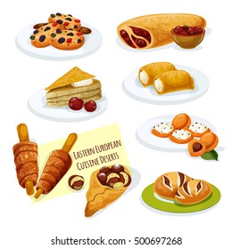 Eastern european cuisine desserts cartoon icon with cherry strudel, caramel cake, pancake stuffed cottage cheese, poppy seeds bun, cookie with nuts, apricot topped with cheese, spit cake, chestnut