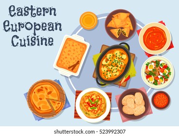 Eastern european cuisine icon with potato dumpling with meat gravy, vegetable egg salad, boiled potato, omelette with bell pepper, fried meat pie, tomato soup, vegetable pie, apple cinnamon pie