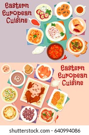 Eastern european cuisine menu icon set with beef, duck and fish baked with sauce, bread and meat soup, pickled sausage, vegetable beef stew, meat roll, cheese and poppy bun, cherry strudel