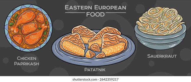 Eastern European Culinary Traditions: Collection of hand-drawn vector illustrations of popular foods, set against a dark backdrop