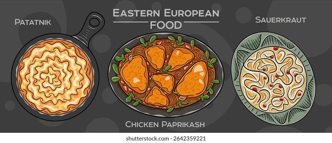 Eastern European Culinary Traditions: Collection of hand-drawn vector illustrations of popular foods, set against a dark backdrop