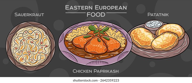 Eastern European Culinary Traditions: Collection of hand-drawn vector illustrations of popular foods, set against a dark backdrop