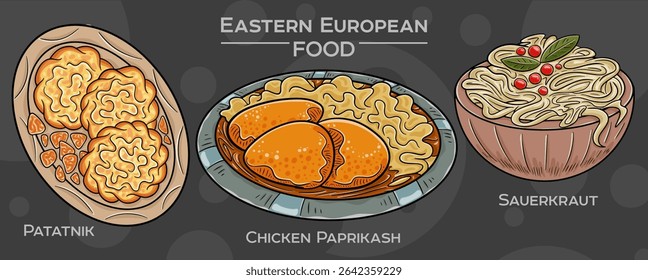 Eastern European Culinary Traditions: Collection of hand-drawn vector illustrations of popular foods, set against a dark backdrop