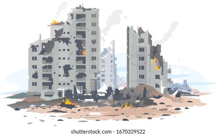 Eastern European destroyed buildings between the ruins and concrete, war destruction concept illustration isolated on white background, destroyed residential neighborhood landscape creative concept