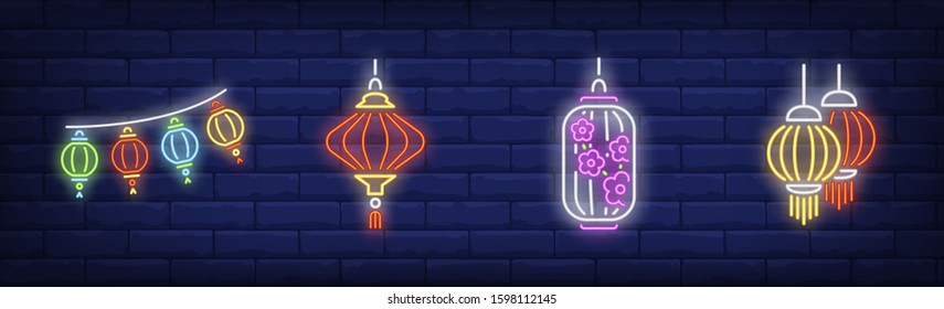 Eastern festive lanterns neon sign set. Chinese hanging lamps, garlands, sakura. Vector illustration in neon style, bright banner for topics like New Year, celebration, East