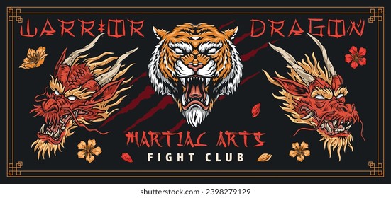 Eastern fight club colorful flyer with dragon and tiger heads for invitation to mixed martial arts tournament vector illustration