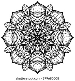 Eastern filigree mandala. Round vector design element of a black contour on a white background.