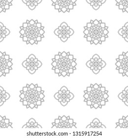 Eastern flower mandala print in black, white colours. Allover retro vector pattern for adult colouring book, interior, wallpaper, fabric, apparel textile, phone case. Seamless linear floral motif