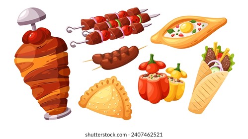 Eastern Food Featuring Kebabs, Khachapuri, Stuffed Bell Pepper And Shawarma With Bold Flavors, And Aromatic Spices