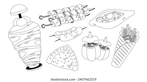 Eastern Food Outline Icons Vector Set. Kebabs, Khachapuri, Stuffed Bell Pepper And Shawarma With Bold Flavors