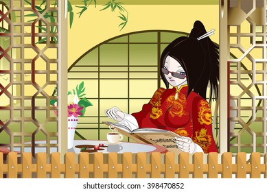 Eastern girl enjoying a good book and relaxing with a coffee