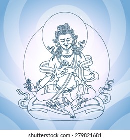 Eastern god sitting in the lotus on blue background