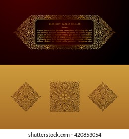 Eastern gold frame arabic vector lines design templates. Muslim Eastern floral frame for card and postcard Eid al-Adha. Ramadan linear decor for message, menu, postcard, restaurant, wedding invitation