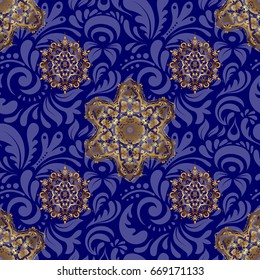 Eastern gold on a blue background. Golden grid in oriental style. Vector seamless elements for design. Islamic card background.