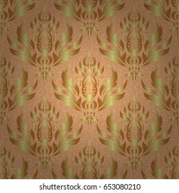 Eastern gold on a brown background. Golden grid in oriental style. Vector seamless elements for design. Islamic card background.