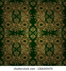 Eastern gold on a green background. Golden grid in oriental style. Vector seamless elements for design. Islamic card background.