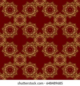 Eastern gold on a red background. Islamic card background. Golden grid in oriental style. Vector seamless elements for design.