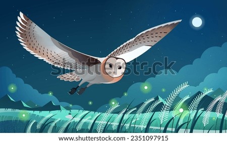 Eastern grass owl flying over grass field with fireflies. Serene starry night with and full moon.