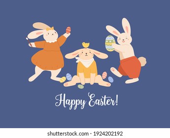 Eastern greeting card with funny rabbits and Happy Easter inscription. Horizontal postcard with cute and happy bunnies and painted eggs. Colored flat vector illustration