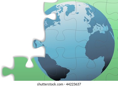 Die östliche Hemisphäre eines Erdkuchens auf einem Puzzle mit Kopienraum und Schatten.