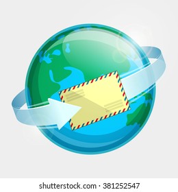 Eastern hemisphere of globe, envelope par avion and arrow around terrestrial globe. Airmail delivery throughout the world