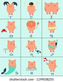 Eastern horoscope signs of the zodiac with the symbol of 2019 - the pig. 