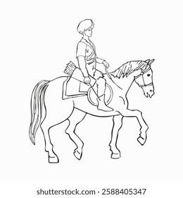 Eastern horseman, drawing in vector. Weapons and turban. Drawing by line on white background.