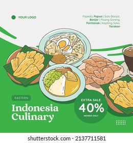 Eastern indonesia cuisine hand drawn illustration vector. Indonesian food set collection for social media post template