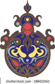 Eastern inspired symmetrical ornament outlined in gold. Vector illustration. 
