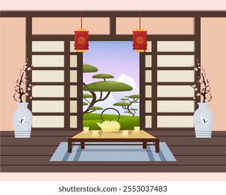 Eastern interior. Table for tea ceremony with teapot and cups. Decorative lanterns, vase and ikebana. Window with view of mountains and trees. Vector illustration