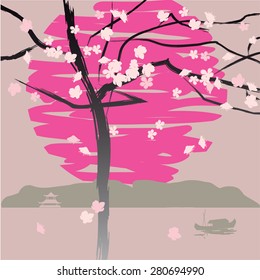 Eastern landscape with cherry blossoms, against a background of mountains, China, Japan, vector illustration