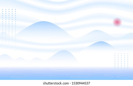 Eastern landscape of the mountain at dawn in the fog. Headpiece. Vector