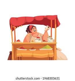 Eastern market icon with happy flat character selling spices vector illustration